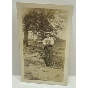 Vintage 1920s Outdoor Portrait Photo Young Farmer in Overalls Original Snapshot